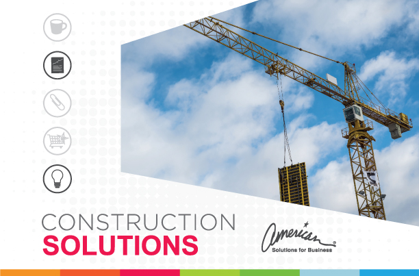 A tall crane against a blue sky with white clouds. The image is part of a poster for a company named "American Solutions for Business" with their logo and a tagline "CONSTRUCTION SOLUTIONS." Icons on the left represent tools, ideas, and services related to construction.