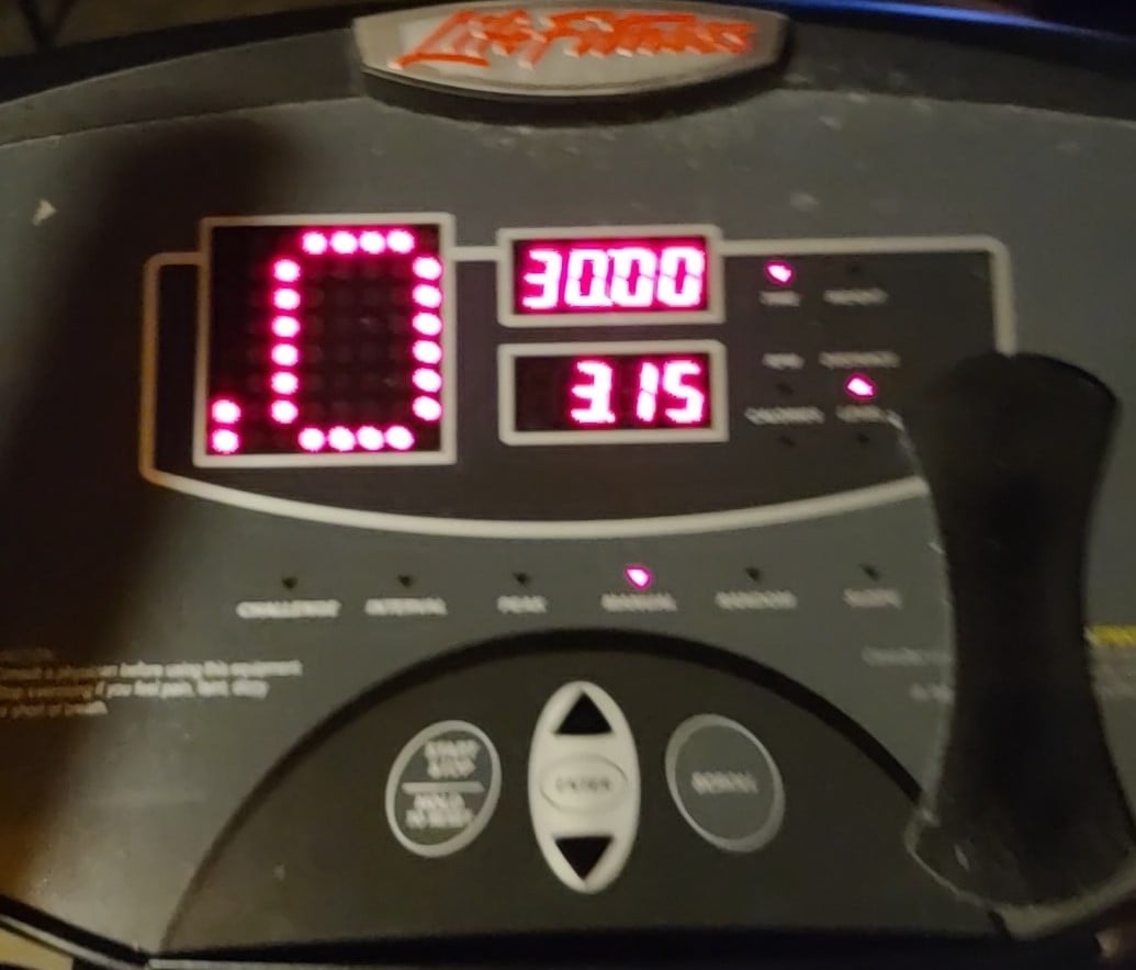 The image shows the control panel of a treadmill. The panel displays a time of 30 minutes and a distance of 3.15 miles. Various settings and buttons, such as speed and incline, are visible on the panel. The treadmill's brand logo is at the top.