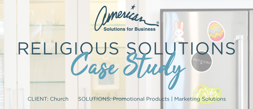 A promotional image for American Solutions for Business featuring a case study on religious solutions. Text includes: "Religious Solutions Case Study" and mentions client as "Church" and solutions as "Promotional Products" and "Marketing Solutions.