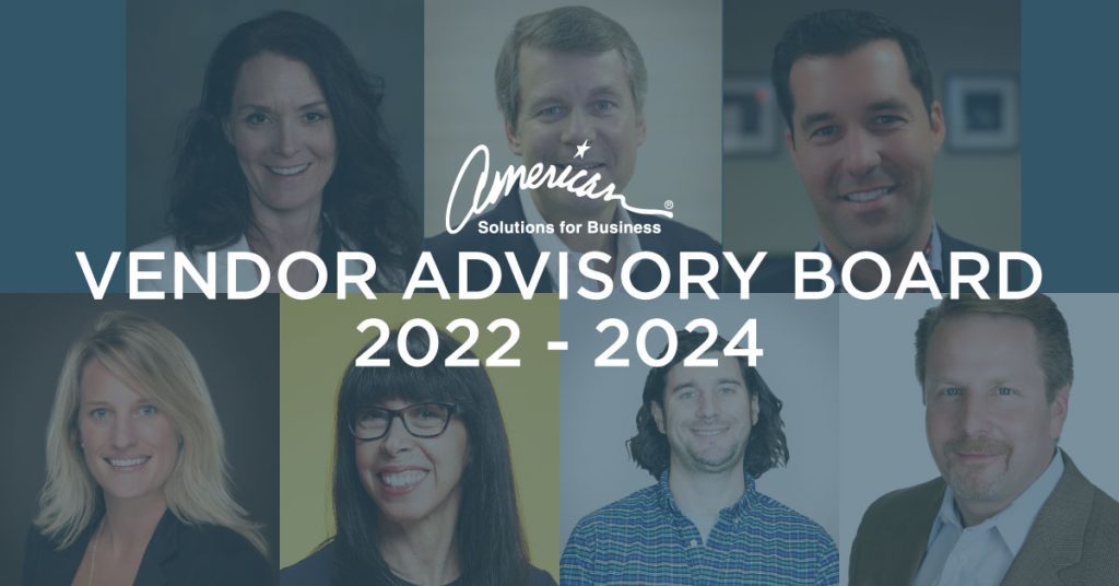 A collage of seven people with the text "American Solutions for Business Vendor Advisory Board 2022 - 2024" overlaid in the center.