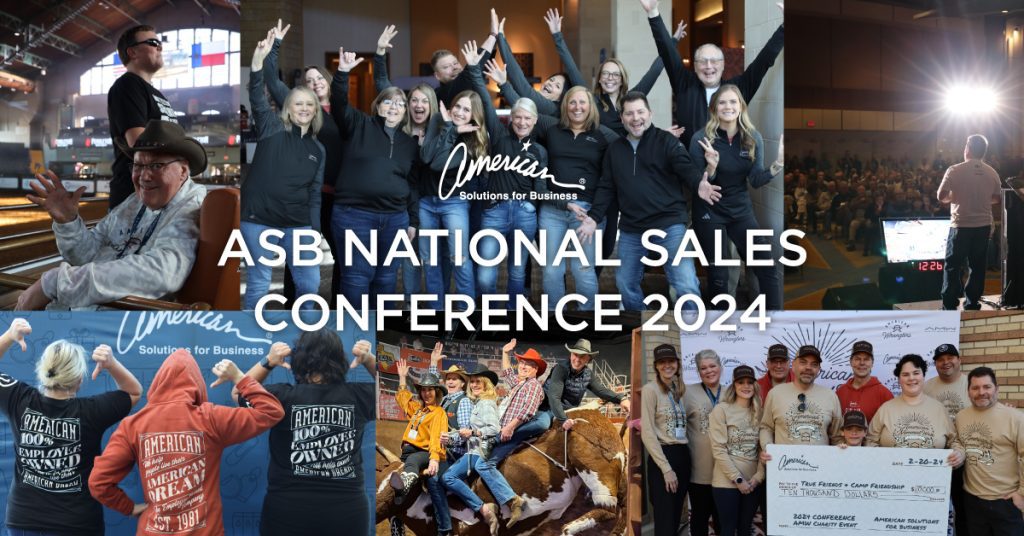 A collage promoting the ASB National Sales Conference 2024. The images feature groups of people in branded attire, a large auditorium audience, interactions with cattle, and people posing with a signed board. Text in the center reads "ASB NATIONAL SALES CONFERENCE 2024.