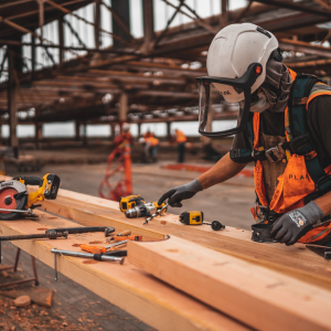 A construction worker wearing protective gear uses a drill on a wooden plank at a bustling construction site. The partially-built structure in the background has exposed beams. Various tools and safety equipment, essential for both worker efficiency and safety in these markets, are scattered on the workbench.