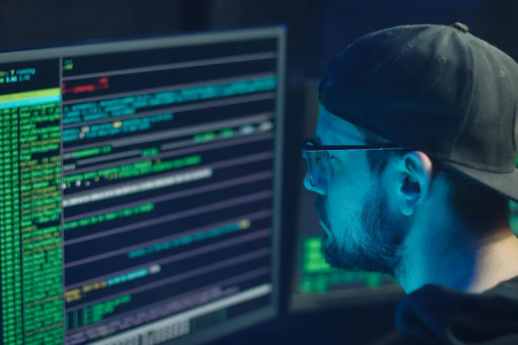 A person wearing a cap and glasses is focused on multiple computer screens displaying lines of code with a dark background, suggesting a programming or cybersecurity environment crucial for ensuring business continuity.
