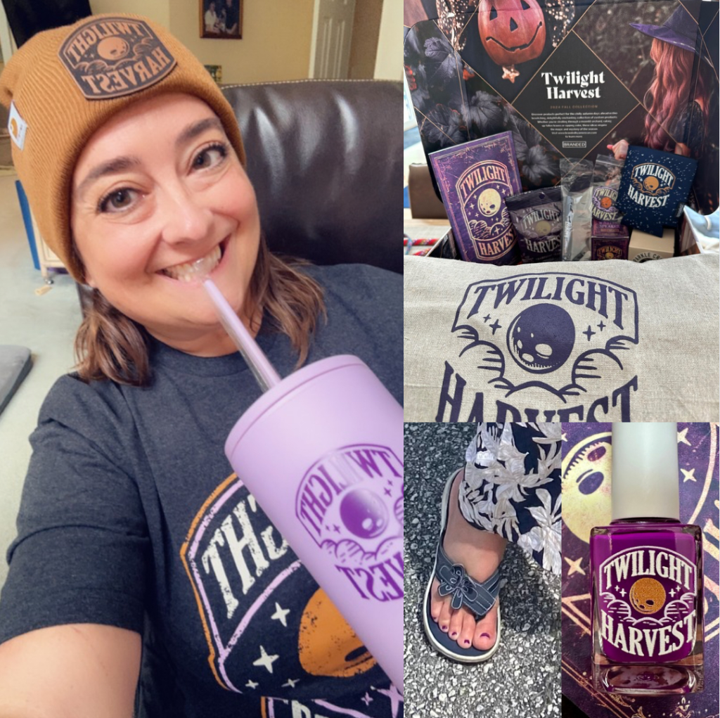 A person wearing a Twilight Harvest beanie and shirt smiles while holding a purple cup, showcasing the appeal of Promotional Products. Surrounding images include Twilight Harvest-themed items: a collection box, nail polish bottle, and stylish sandals with painted toenails—perfect for August 20th, 2024.