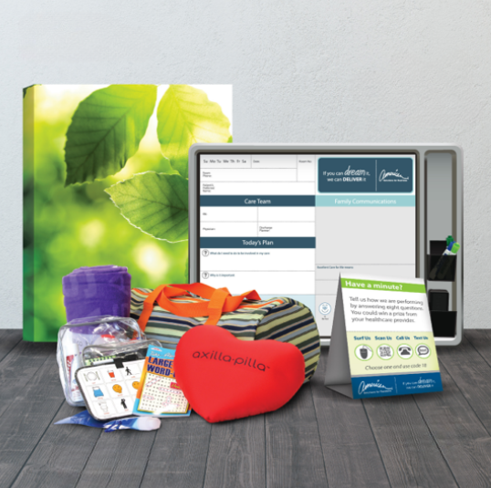 A variety of patient-related items on a wooden floor: a leafy wall art panel, a whiteboard, and a "axilla pilla" heart-shaped pillow designed for patient satisfaction. Nearby are a striped bag, puzzle book, activity kit, and feedback card. Discover branded print solutions with Promo Solutions.