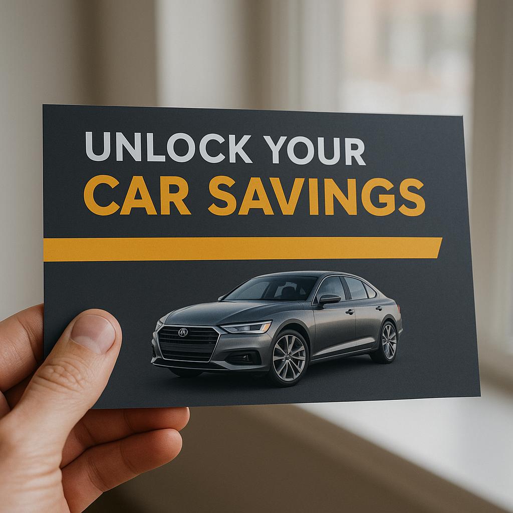 A hand holds a postcard featuring the text "Unlock Your Car Savings" above an image of a gray sedan car, accented by a yellow stripe—ideal for attracting in-market buyers with effective combination marketing strategies.