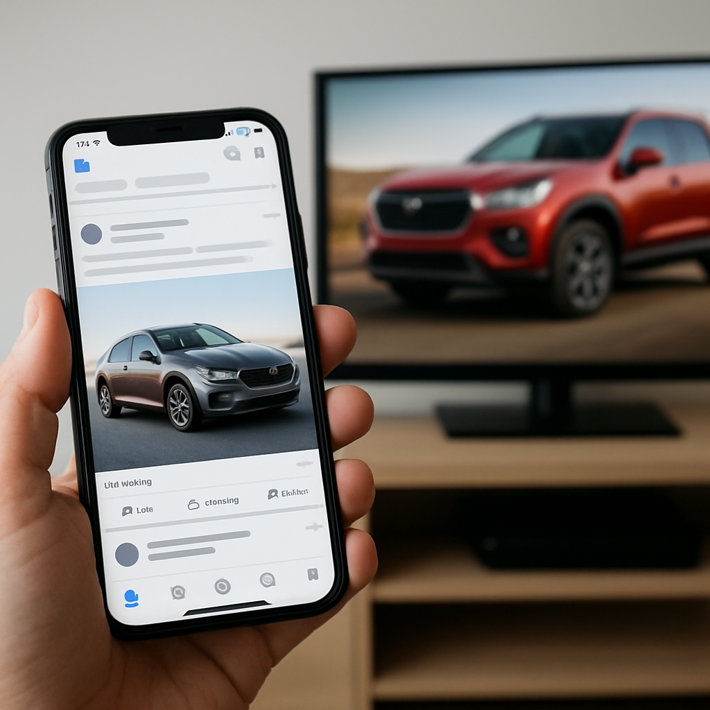 A person holds a smartphone displaying a social media post with a silver SUV, aimed at in-market buyers, while a TV in the background shows a red SUV—both vehicles have similar designs, showcasing combination marketing strategies.