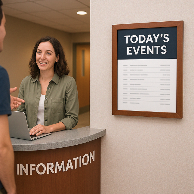 A woman at an information desk smiles and speaks to a visitor. Behind her, higher education signage displays "TODAY'S EVENTS" in a framed sign, listing activities, though the details remain blurred and unreadable.