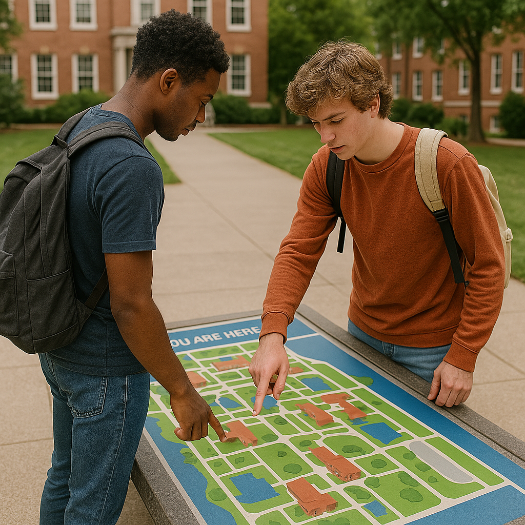 Two students with backpacks stand outdoors, closely examining and pointing at a campus map display—an example of effective signage solutions supporting navigation in higher education. A brick academic building and trees appear in the background.