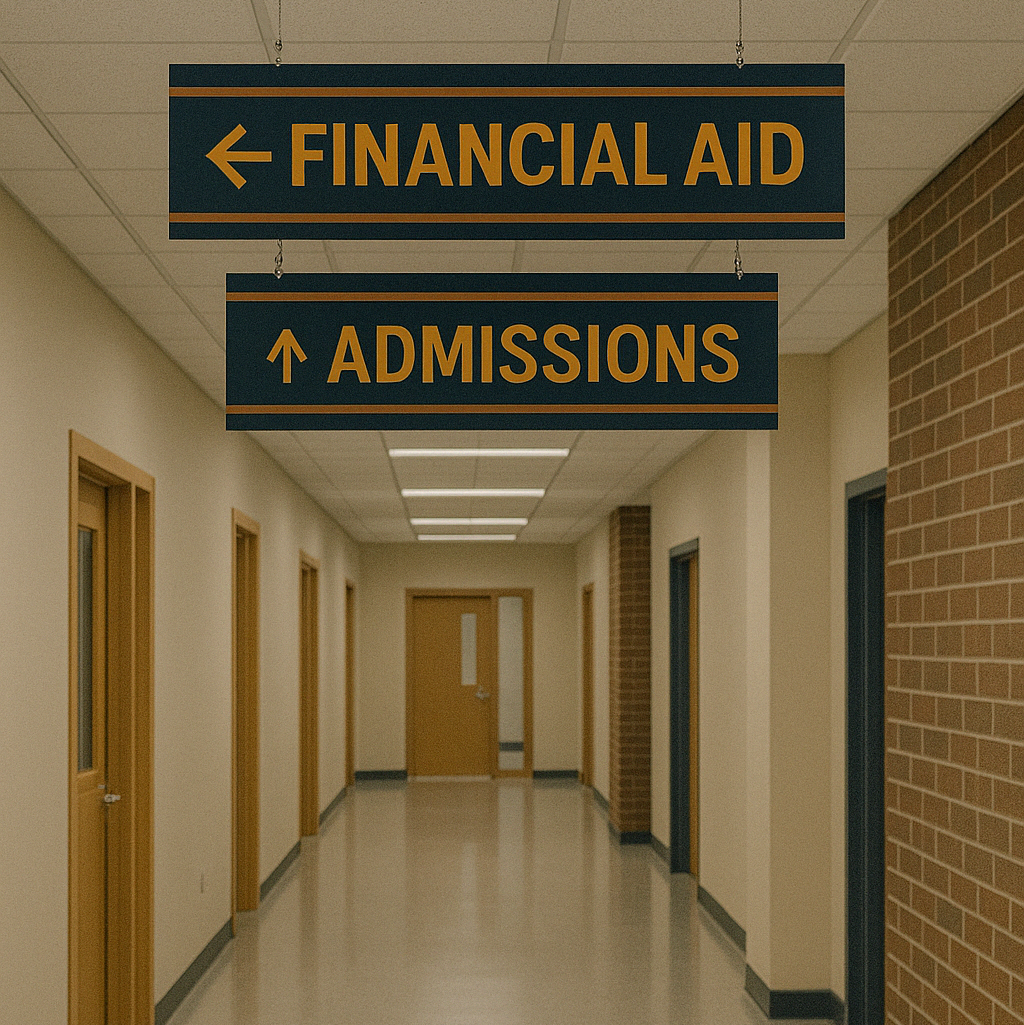 A well-lit hallway in a higher education building features clear signage solutions, with hanging signs directing students left to Financial Aid and straight ahead to Admissions. Doors line both sides of the empty corridor.