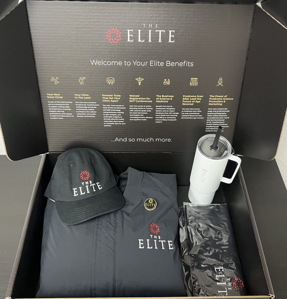A branded custom kit box containing a black hat, jacket, tumbler, and package—all labeled "THE ELITE"—with a welcome message and icons describing benefits printed on the inside lid. Perfect for Case Study presentations.