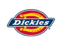 The Dickies logo featuring the brand name in white text on a blue banner, over a red oval with yellow horseshoe and stitching details.