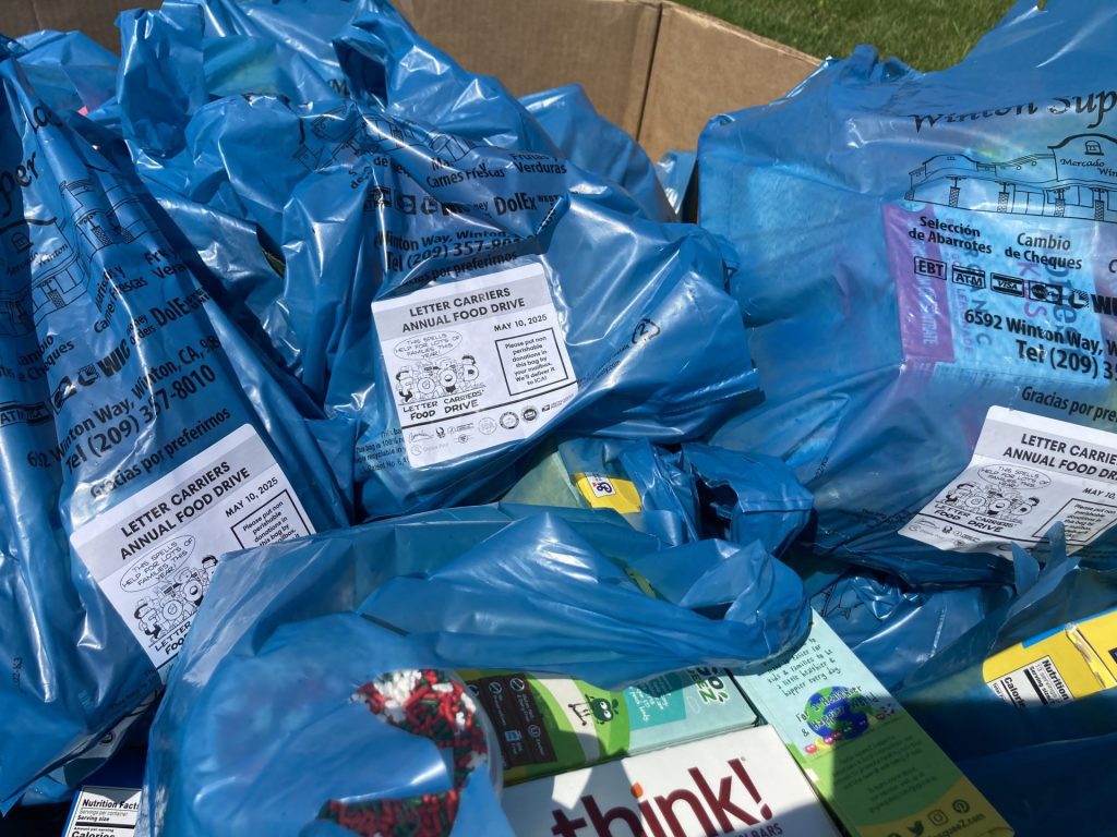 Several blue plastic bags labeled “Letter Carriers Annual Food Drive” are filled with donated food items and piled together, showcasing a Wise community effort supported by American Solutions for Business. A cardboard box and grass are visible in the background.