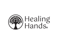 A black tree icon inside a circle sits beside the bold, modern “Healing Hands” text on a clean white background.
