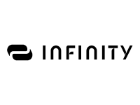 Black text on a white background reads “INFINITY” in a modern font, with a stylized, incomplete infinity symbol replacing the first letter “I.” Thick black bars border the top and bottom of the image.