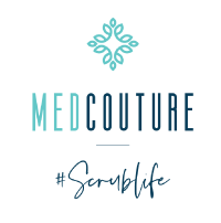 Logo with a decorative teal symbol above the words "MED COUTURE" in bold, blue gradient text, and "#ScrubLife" in handwritten script below.