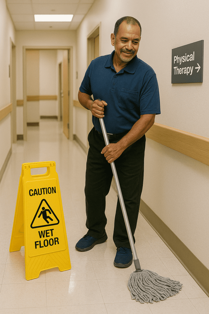 A man mops the floor in a hallway near a "Physical Therapy" sign, prioritizing patient care. A yellow "Caution Wet Floor" sign is placed on the floor beside him.