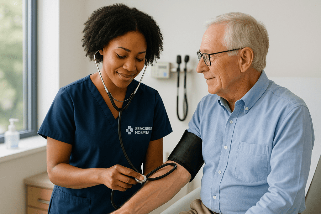 A nurse in navy scrubs checks the blood pressure of an older man wearing glasses and a light blue shirt in a medical office, highlighting quality patient care as both smile during the checkup with a stethoscope and blood pressure cuff.