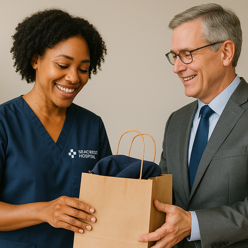 A smiling woman in navy scrubs labeled "Seacrest Hospital" receives a gift bag from a man in a suit, highlighting strong healthcare partnerships. A green plant adds warmth to the indoor setting.
