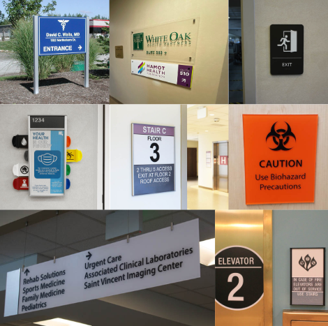 A collage of various hospital and clinic signs, including directions to entrances, elevators, stairwells, biohazard warnings, departments, and health information—highlighting the importance of clear communication for patient care and efficient healthcare partnerships.