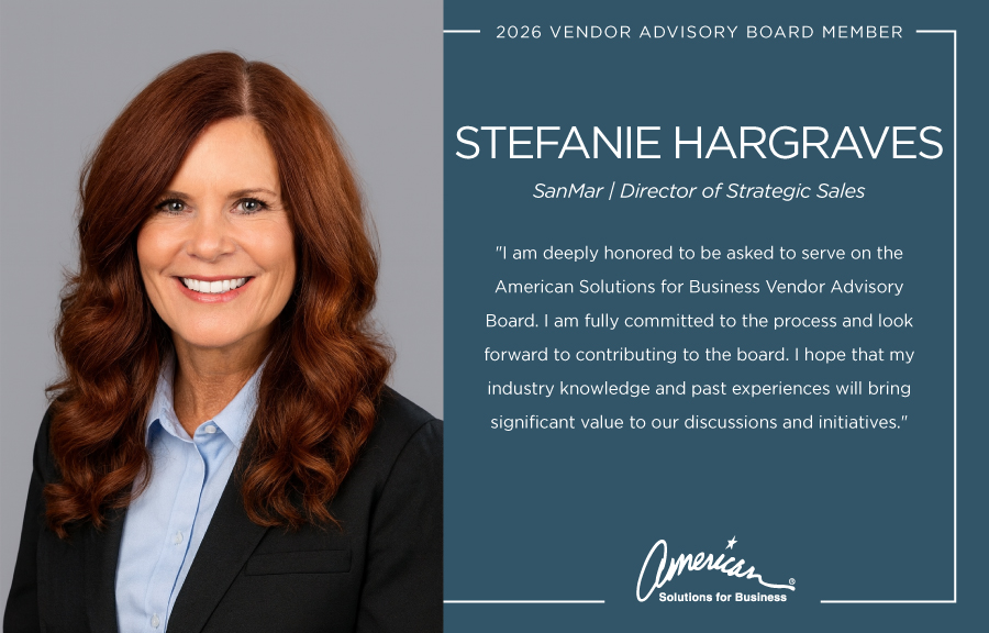 Professional headshot of a woman with long auburn hair and a dark blazer, smiling, next to text announcing Stefanie Hargraves as a 2026 ASB Vendor Advisory Board Member for American Solutions for Business.