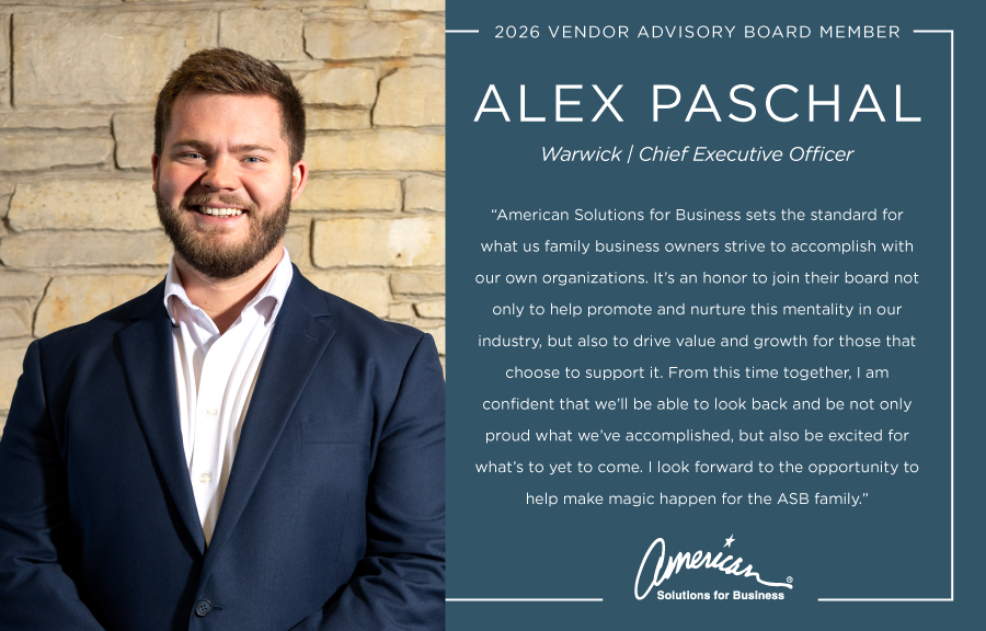 A man with a beard, wearing a navy suit and light blue shirt, stands smiling in front of a light brick wall. Beside him is text introducing Alex Paschal as ASB’s 2026 Vendor Advisory Board Member.