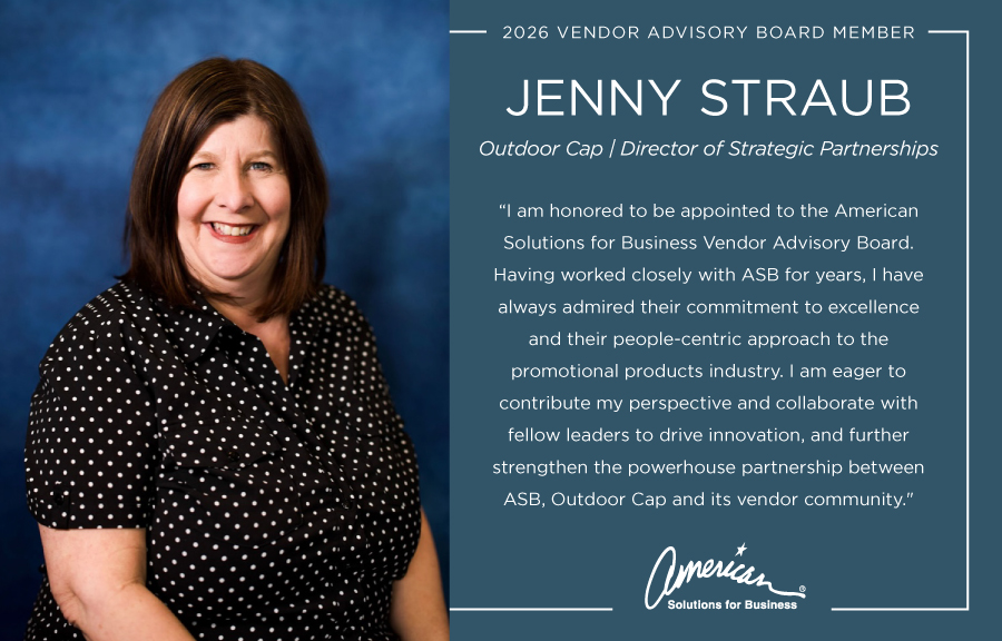 A woman with straight brown hair, wearing a black patterned blouse, smiles in front of a dark blue background. Beside her, text introduces Jenny Straub as the 2026 Vendor Advisory Board Member for ASB (American Solutions for Business).