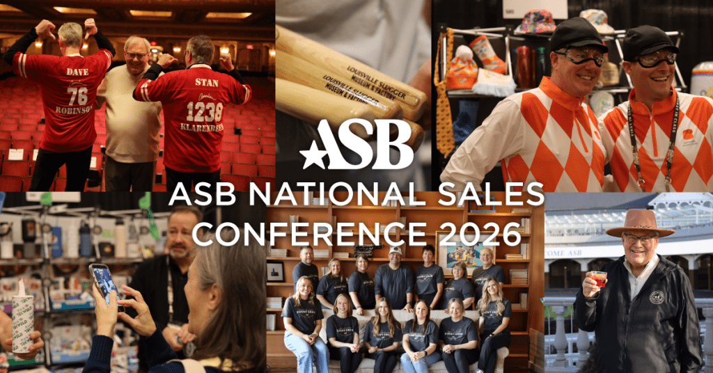 A collage for the ASB National Sales Conference 2026 in Louisville, Kentucky, featuring people in branded shirts, group photos, playful costumes, and attendees engaging in activities. The ASB logo and event name are centered.