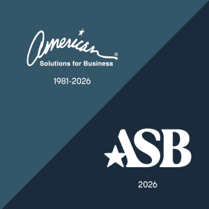 Diagonal split background with "American Solutions for Business 1981–2026" and cursive logo on top left, and bold "ASB 2026" logo with star on bottom right.